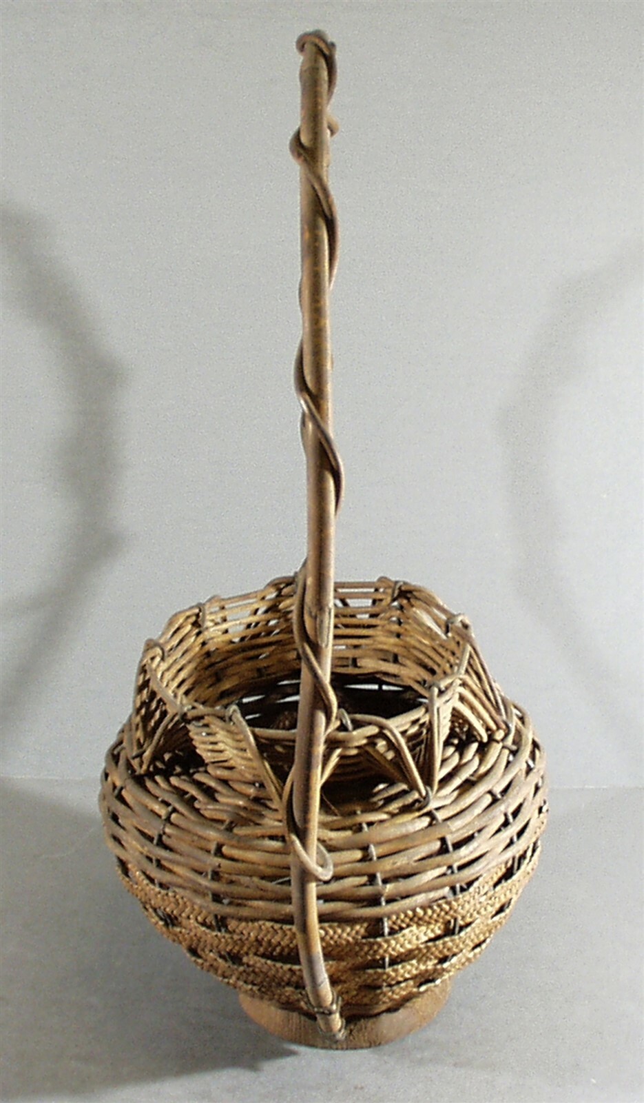 OLD FLOWER BASKET, WICKER BASKET, FUNERAL BASKET, ARCHED HANDLE, FANCY