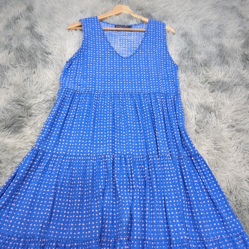 Mister Zimi Linen Blend Tiered Midi Dress Womens 10 Blue Pink Polka Dot Summer - Picture 4 of 16