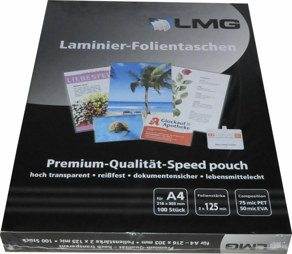LMG Laminier-Folie für A4, 216mm x 303mm transparent, 125mic, 100 Stück