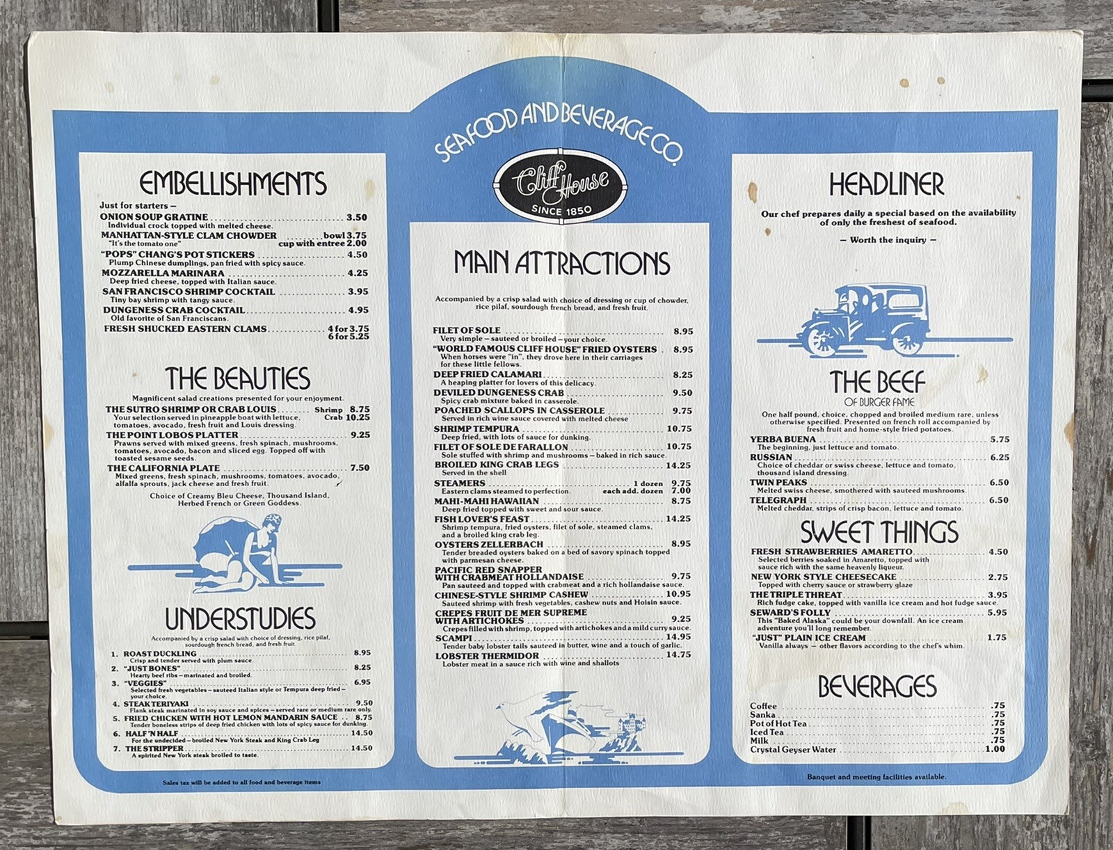 Oversized Cliff House San Francisco California Seafood Restaurant Menu