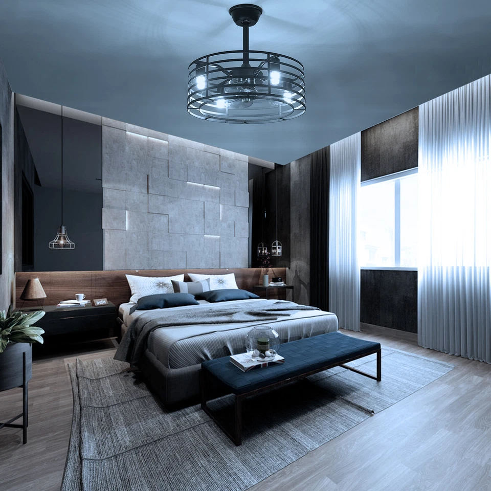 20" Farmhouse Ceiling Fan Light Rustic Metal Cage Pendant Fixture Lamp +Remote - Image 4 of 4