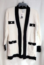 Rachel Zoe Women's Ivory/Black Eyelash Fuzzy Ribbed Open Cardigan - Size S - NWT