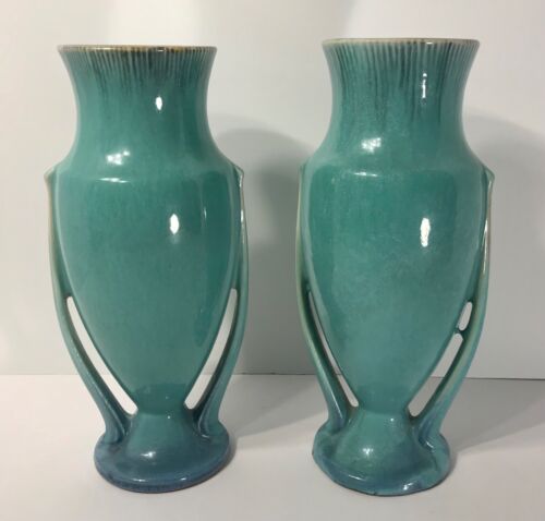 Pair Vintage Roseville Orian Turquoise Art Deco Ceramic Vases 740-10 ca 1935