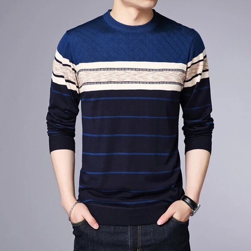 New Men's Casual Fashion Long Sleeve Striped Knitted Shirt Breathable and - Picture 8 of 27