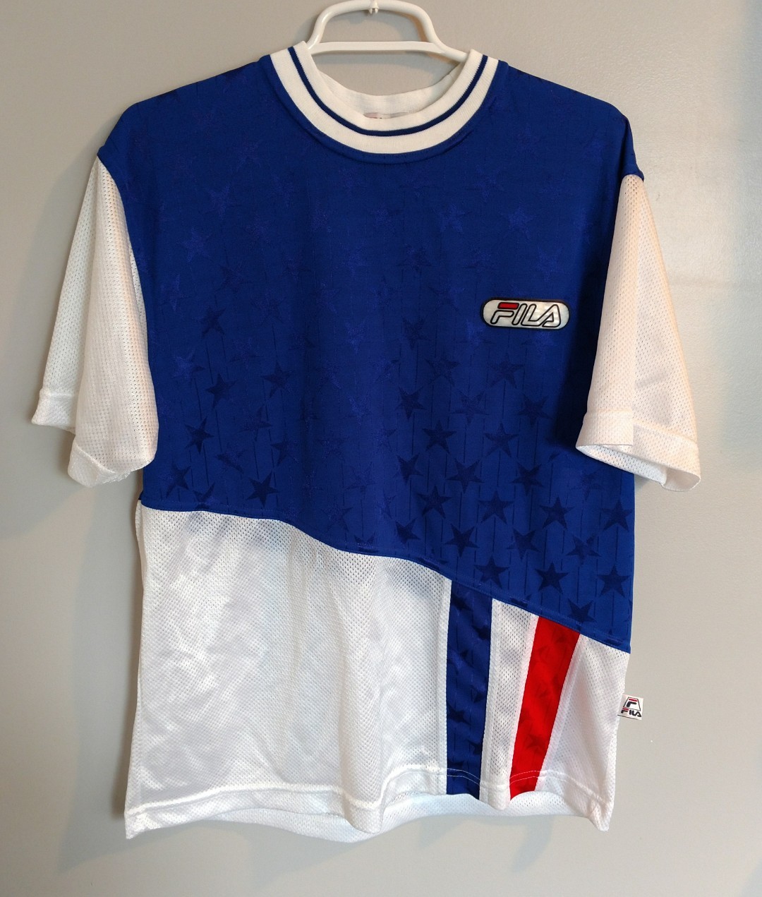 Camicia uomo vintage FILA piccola stelle e righe lucide grande ricamo spellout