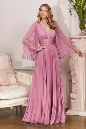 VESTIDO DE GASA PLISADA SÓLIDA MADRE DE NOVIA CON CREMALLERA TRASERA CUELLO EN V Y MANGAS LARGAS - Imagen 2 de 9