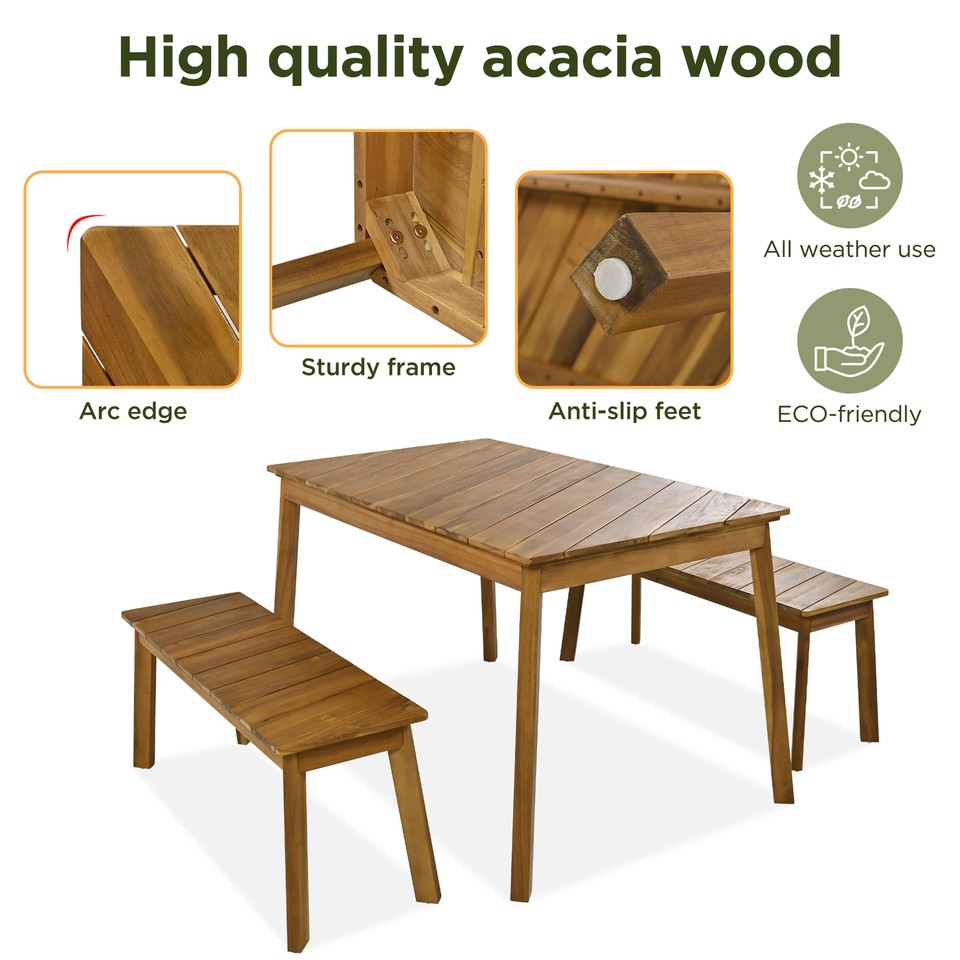 3 Pieces Picnic Table with Benches Set, Acacia Wood Dining Table Set ...