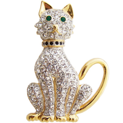 Gold Plated Cat Brooch With Czech Crystals By Ari D Norman