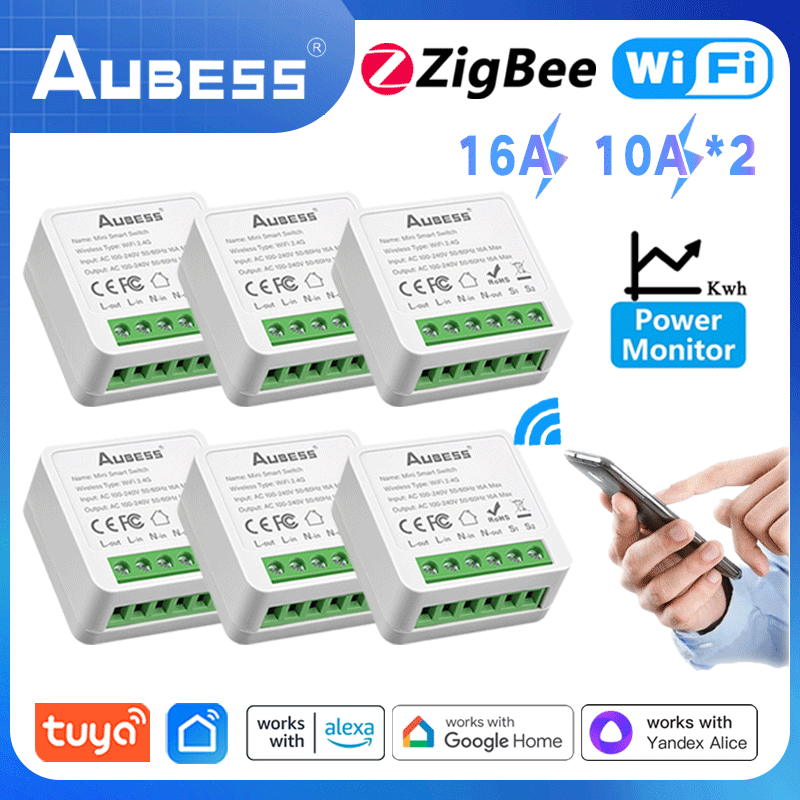 AUBESS WiFi Smart Switch 2-Gang 2-Way Tuya Compatible Home Automation DIY MINI  