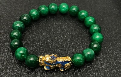 Spiritual Lucky Brave Troops Charms Pixiu Green Jade Beaded Bracelet for Wealth