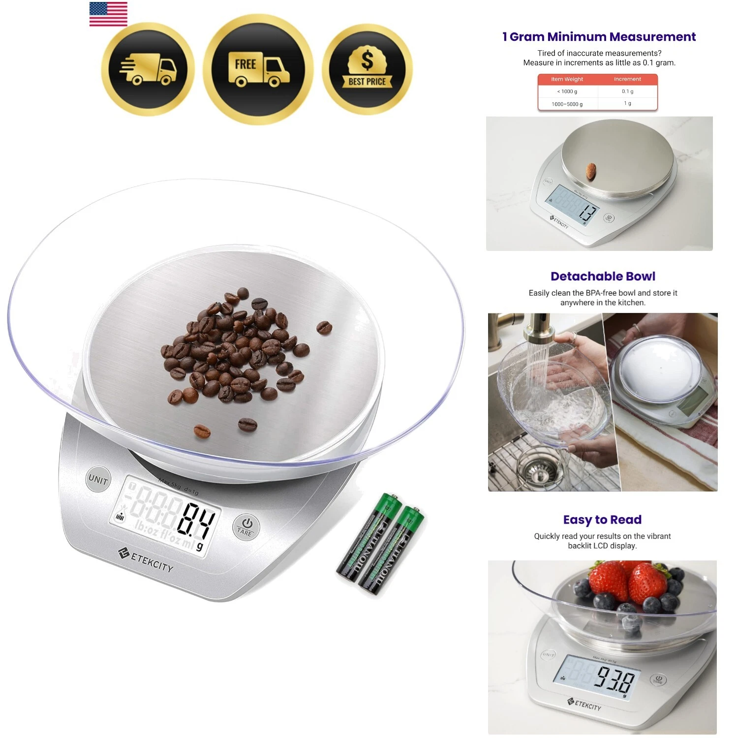 Digital Food Kitchen Scale Grams Ounces Stainless Steel for Cooking Baking