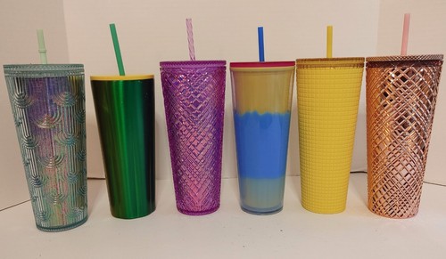 Starbucks Tumbler Cups Bundle Lot 6 Venti Grid Studded Stainless New Straws - Picture 7 of 17