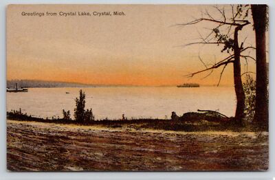 Vintage Postcard Michigan Crystal Lake Sunset MI Shoreline Tree Resort Greetings