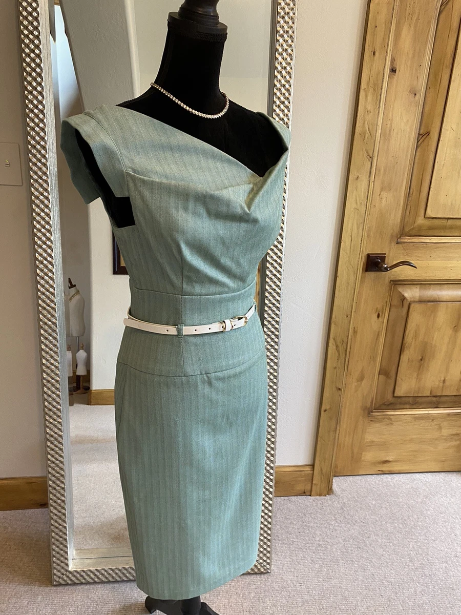 Black Halo Green Pinstripe Jackie O Knee Length Pencil Dress US