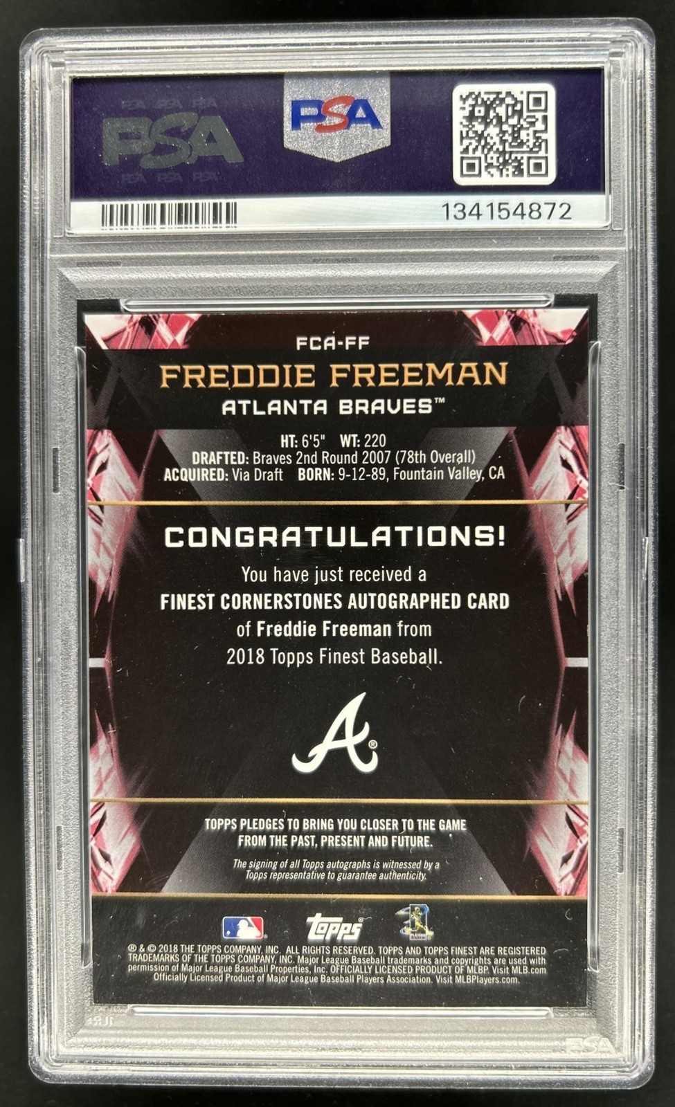 2018 Finest Freddie Freeman Cornerstones Auto SuperFractor #1/1 Braves PSA 9 view 2