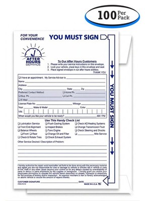 After Hours Service Envelopes - Night Drop Off Forms (100 Pack)