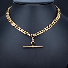 Antique 9ct Gold Graduated Curb Link Double Albert Watch Chain Necklace with T-b