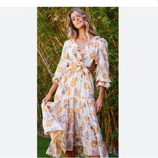 Bishop + Young Cream Floral Cutout Ruffle Trim Balloon Sleeve Midi Dress Small
