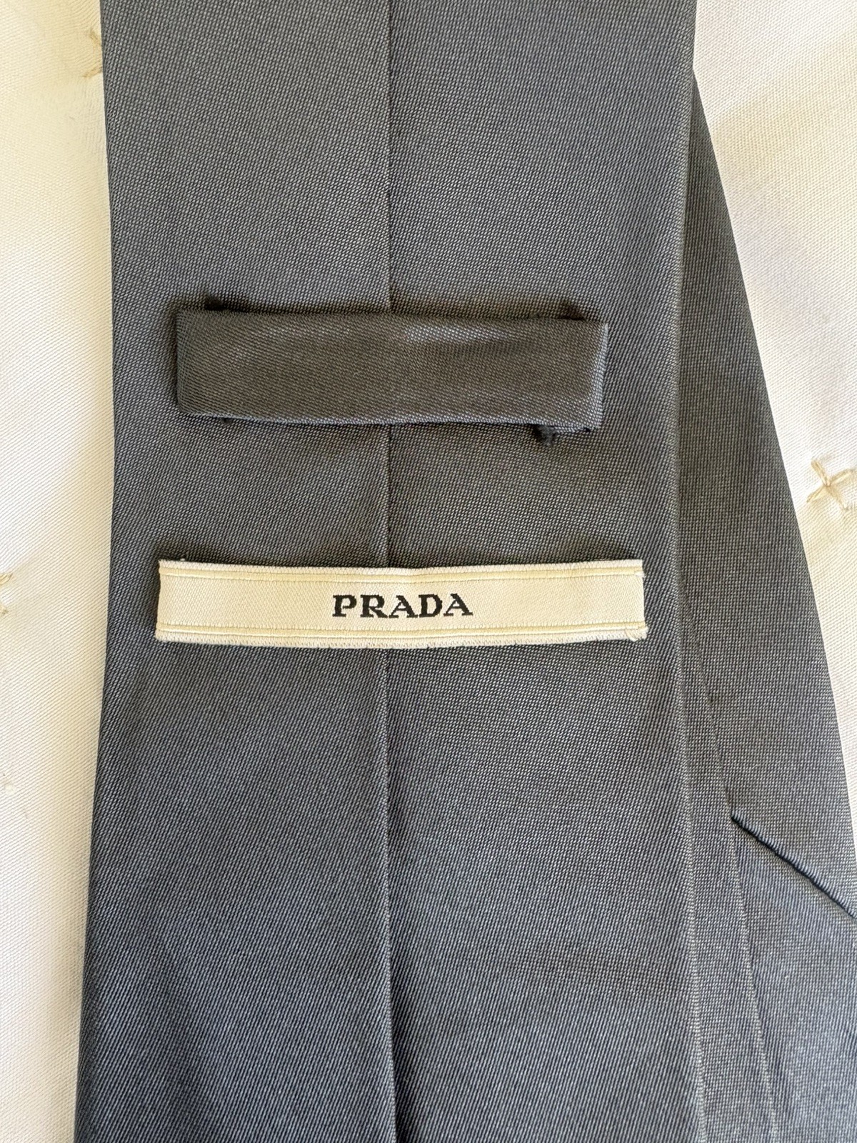 Prada Dark Gray Silk Solid Tie with Embroidered L… - image 1