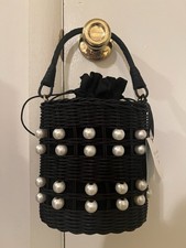 NWT~ Kate Spade NY Black Straw Pearl Embellished Basket Handbag Purse Wicker