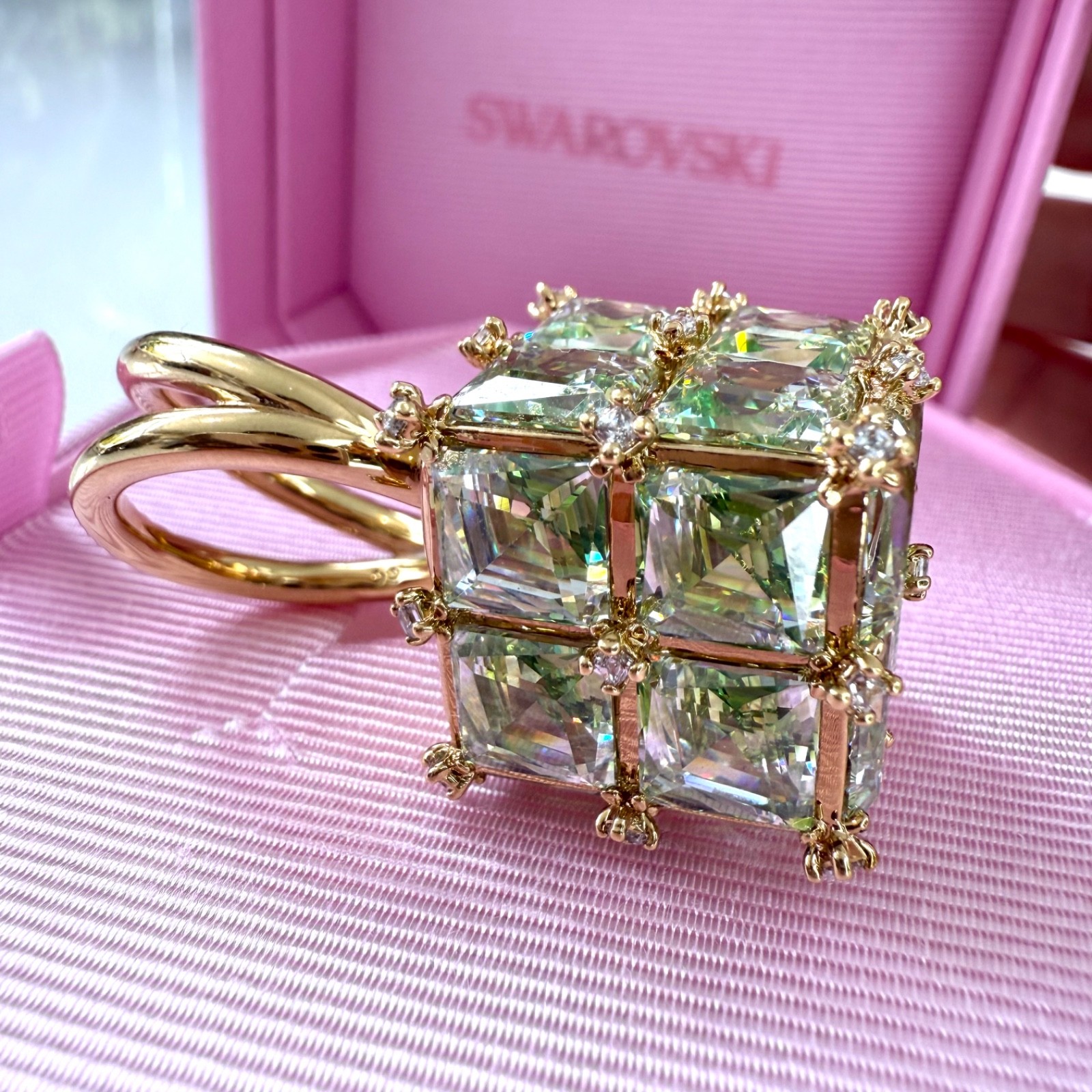Swarovski Ring Large Curiosa Square Green Gold plated Size 52 UK L New