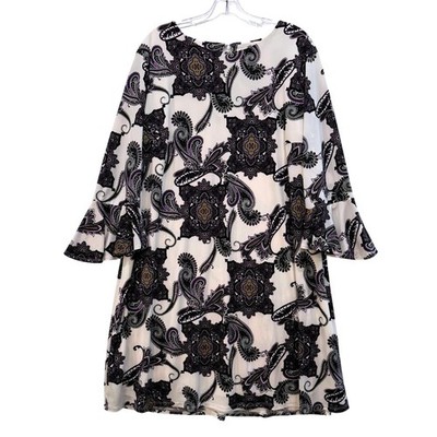 EST. 1946 Purple Paisley Bell Sleeve Shift Dress Medallion Print Lined 14 / 16