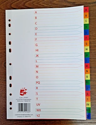 5 STAR BRAND NEW A4 QUALITY A-Z MULTIPUNCHED COLOURED FILE SUBJECT DIVIDERS POLYPROP