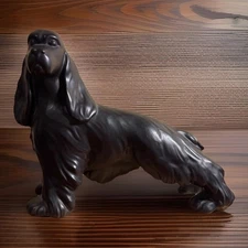 Vintage MCM 9” Cocker Spaniel Statue Solid Black on wood base*FREE SHIPPING