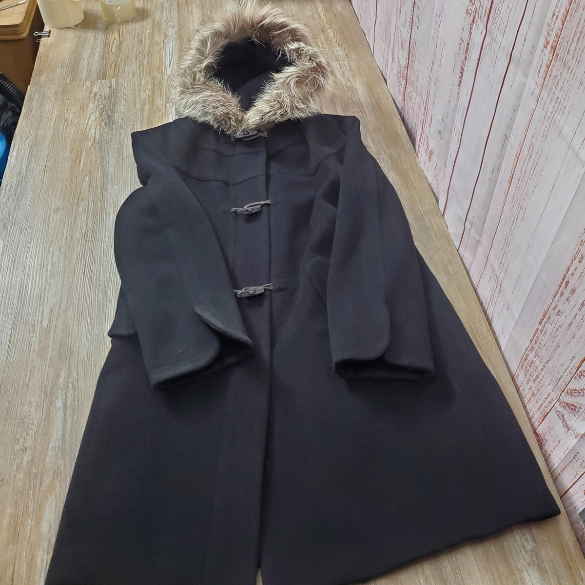 Perry Ellis Portfolio Coat Womens Wool Angora Faux Fur Hood