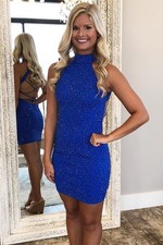 Short Fitted Beaded Royal Blue Homecoming Dress | Size 6