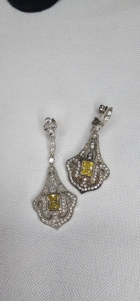 ESPO sterling Silver Cubic Zirconia Yellow Citrine Dangle Drop Post Earrings - Image 4 of 4