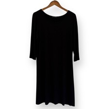 Eileen Fisher Black Jersey Knit Dress 3/4 Sleeve Scoop Neck A-Line Women's M
