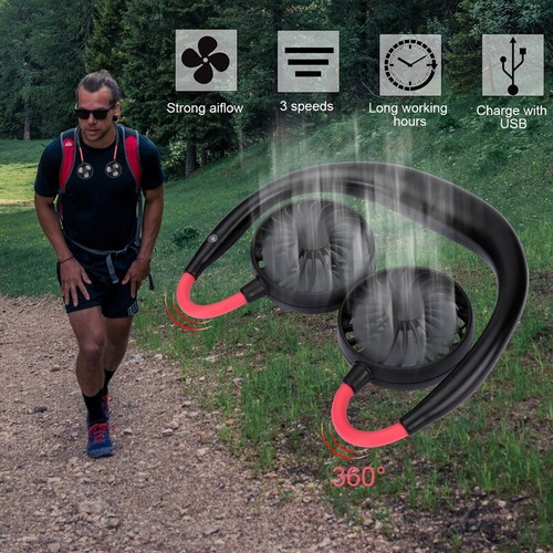 Portable Hanging Neck Sport Fan Lazy Neckband USB Rechargeable Mini Fan 3 Speeds - Picture 2 of 12