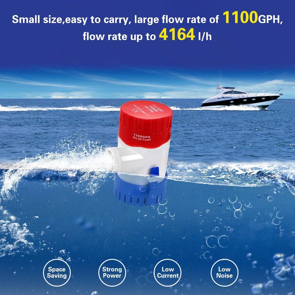 Submersible Boat Bilge Water Pump 12v 1100gph Non-Automatic Marine Electric... 