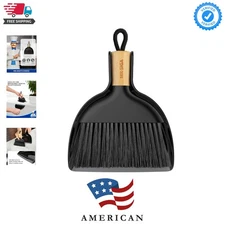 Stylish Black Mini Dustpan and Brush with Bamboo Handle - Durable & Effective