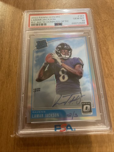 2022 Panini Honors Lamar Jackson R/C AU 2018 Donruss Optic PSA Gem Mint 10 2/3