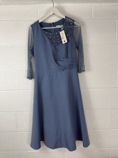 Citymod Midi Dress Large 44 Blue Beaded Sheer Sleeve Coctail Wedding Guest N145