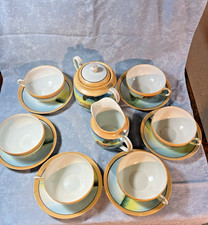 Japanese Lusterware Tea Set Hand Painted Iridescent Peach Blue 15-Piece