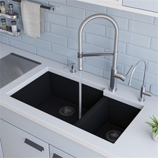 Pemberly Row Black 34" Double Bowl Undermount Granite Composite Kitchen Sink