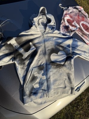 Gray Fleece Full Zip Hoodie with Heart and Cross Graphic Print for Men