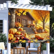 Fall Backdrop Banner 8X6Ft Autumn House Path Scene with Pumpkins Apples Grapes C