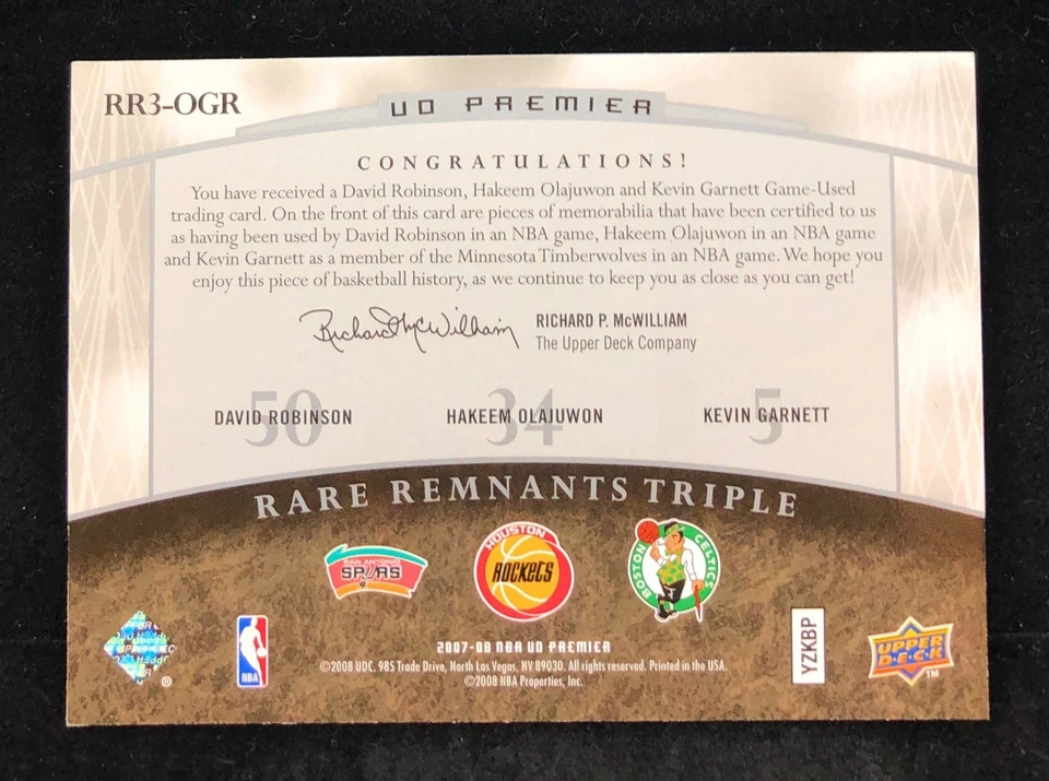 2007-08 UD Premier Rare Remnants Triple Camiseta Olajuwon Robinson Garnett/99 Foto 2 de 2