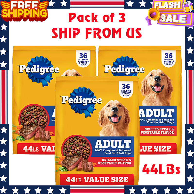 Pedigree Adult Dry Dog Food 44 lb x 3 Pack Steak & Vegetable Complete Nutrition