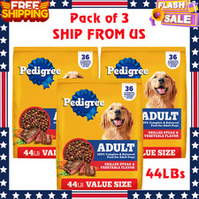 Pedigree Adult Dry Dog Food 44 lb x 3 Pack Steak  Vegetable Complete Nutrition