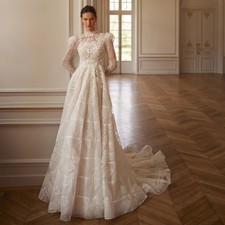 Luxury Embroidery Beaded Lace Wedding Dress Modest High Collar Bridal Gown