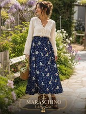 Handmade Bird Print Cotton Skirt Whimsical Scandinavian Folk Art Cottagecore Med