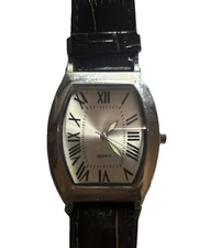 Unbranded Men’s 9” Silvertone Rectangular Watch Brown Leather Band New Battery 