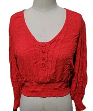NWT MSRP $78 BOG Collective Cropped Blouse Womens L Red V Neck Lantern Sleeve