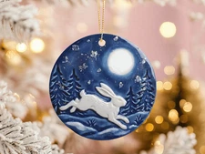 White Hare Yule Ornament Leaping Rabbit Blue Moon Pagan Solstice Enamel Gift