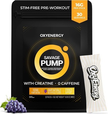 OxyEnergy Max Pump Stim-Free Pre Workout Powder - Grape Flavor - 30 packets